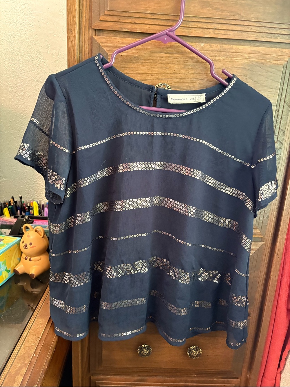 Abercrombie & Fitch Navy Short Sleeve Sequin Stripe Blouse